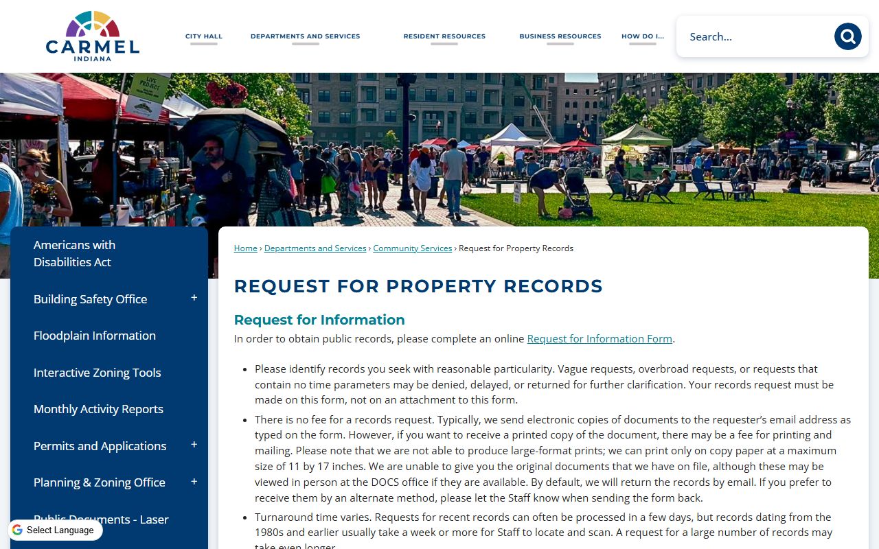 Carmel Indiana property records request form for DOCS office records