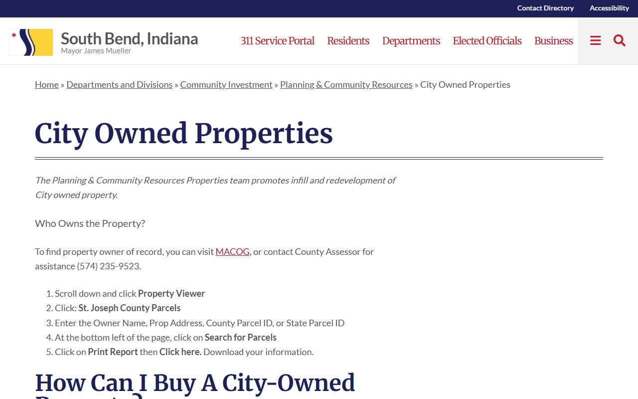 South Bend city-owned properties database for South Bend property records
