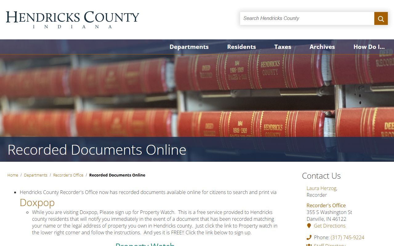 Hendricks County online recorded documents search page for property records