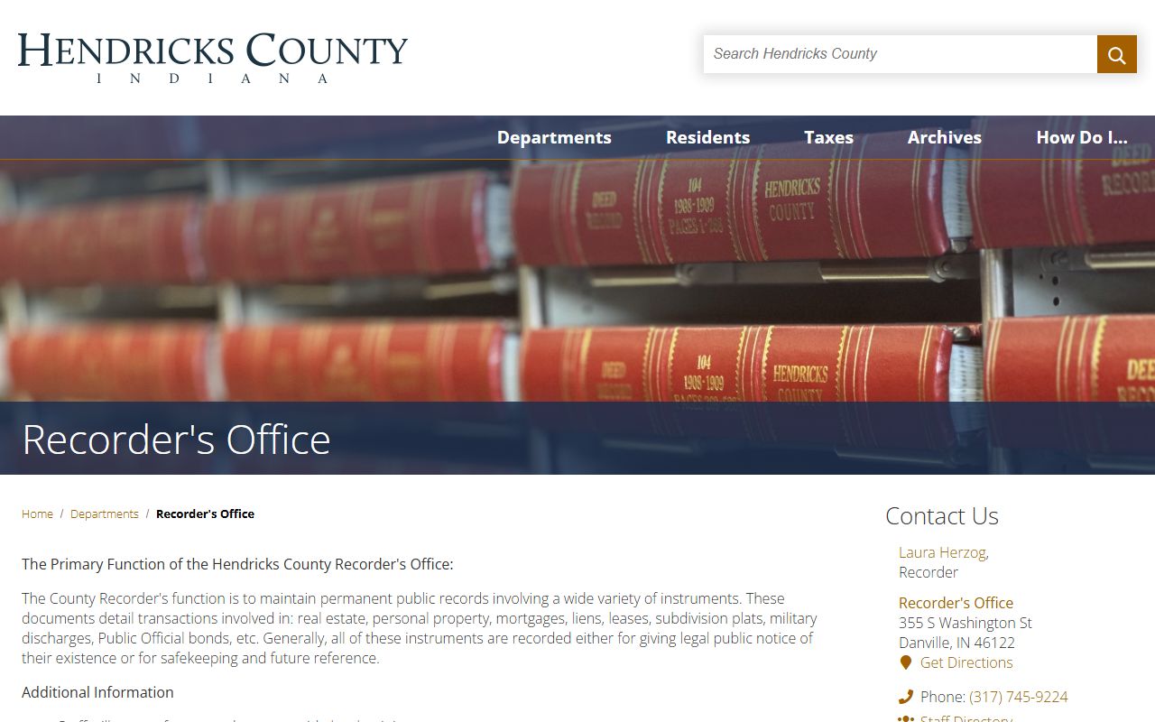 Hendricks County Recorder office page for Hendricks County property records