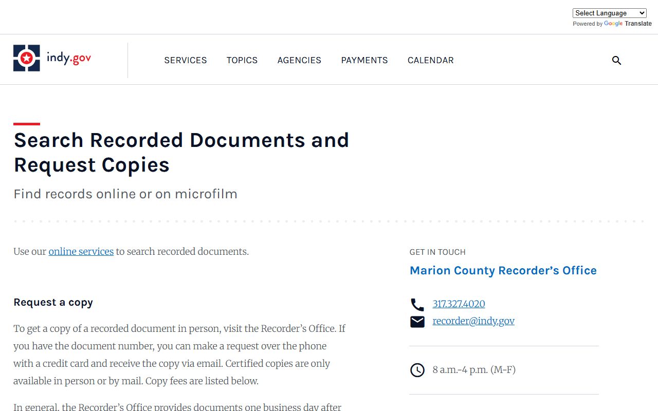 Marion County Recorder office details and copy request for Marion County property records