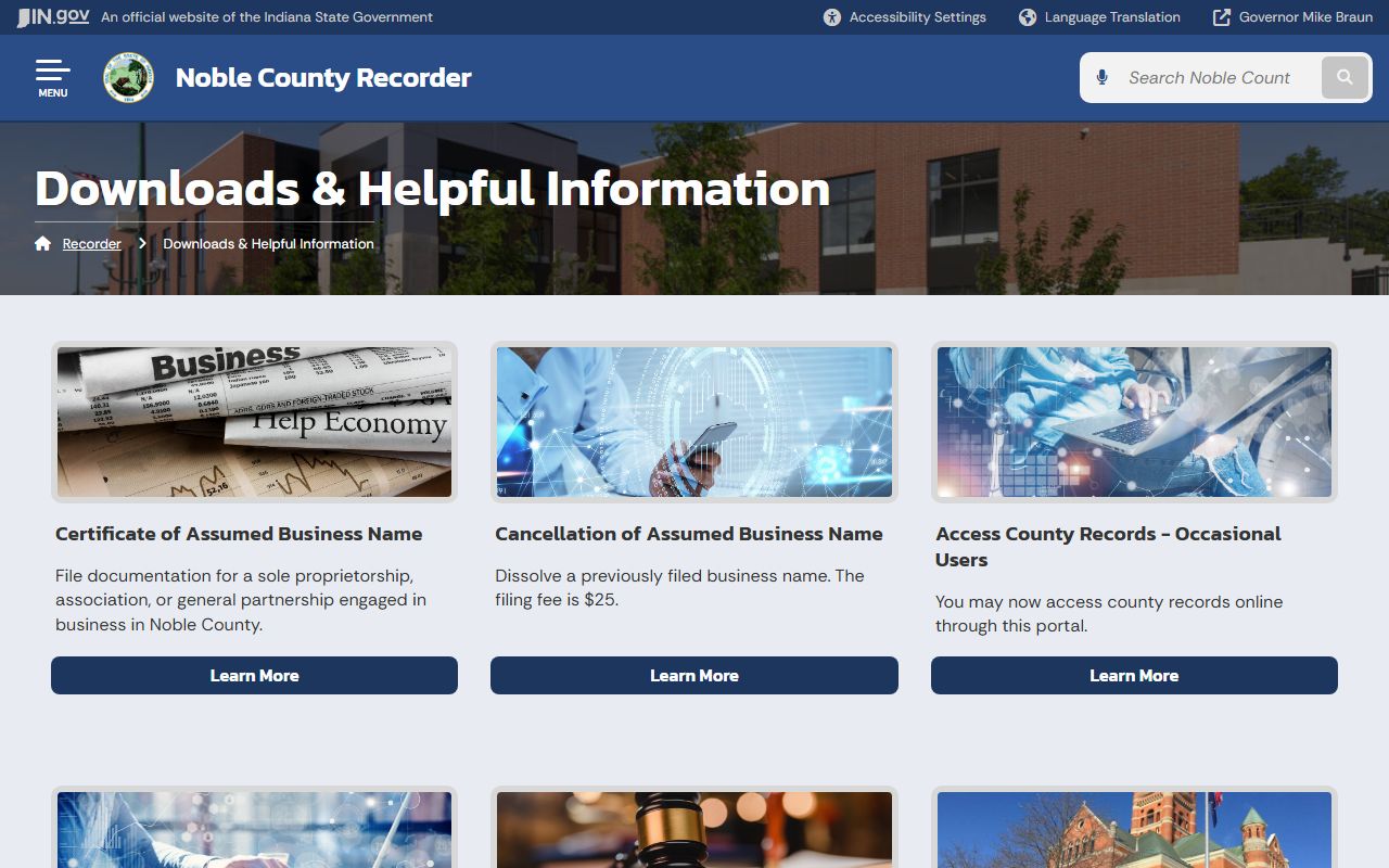 Noble County Recorder downloads and information page for Noble County property records