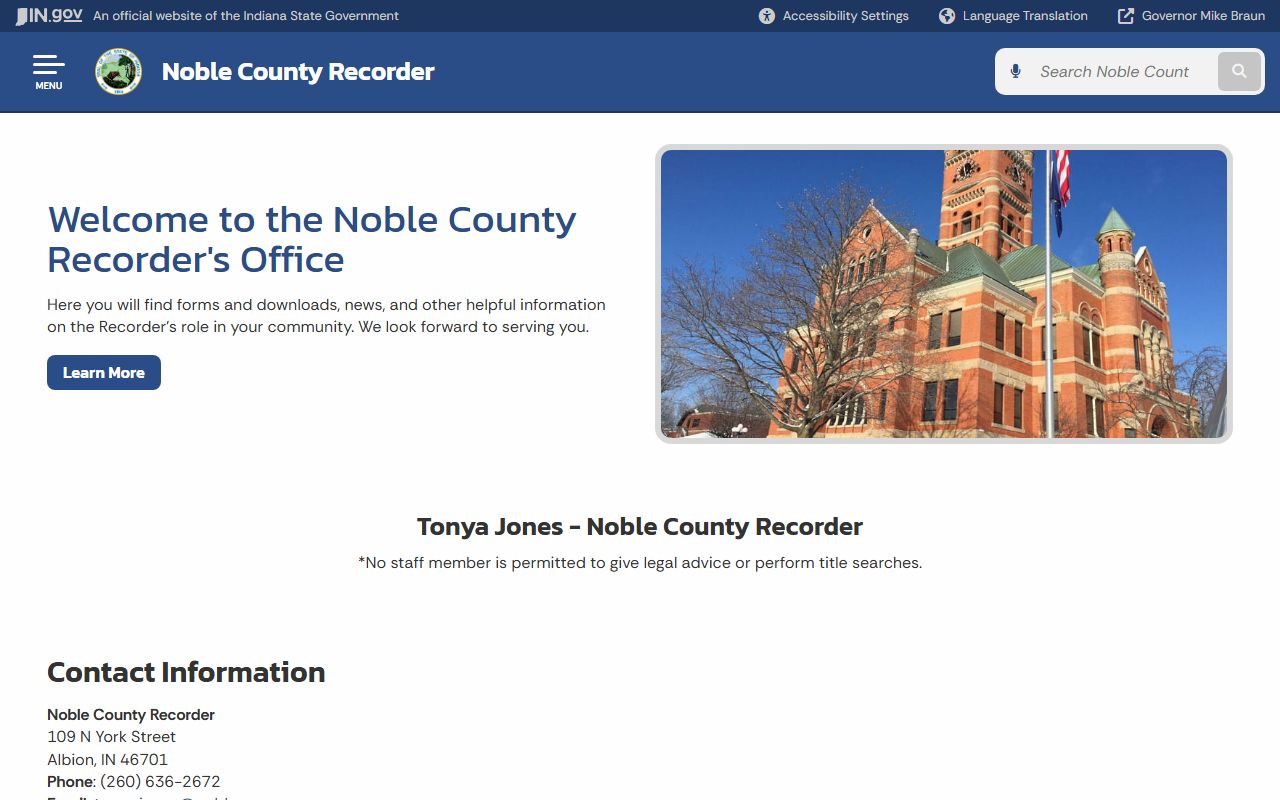 Noble County Recorder office page for Noble County property records
