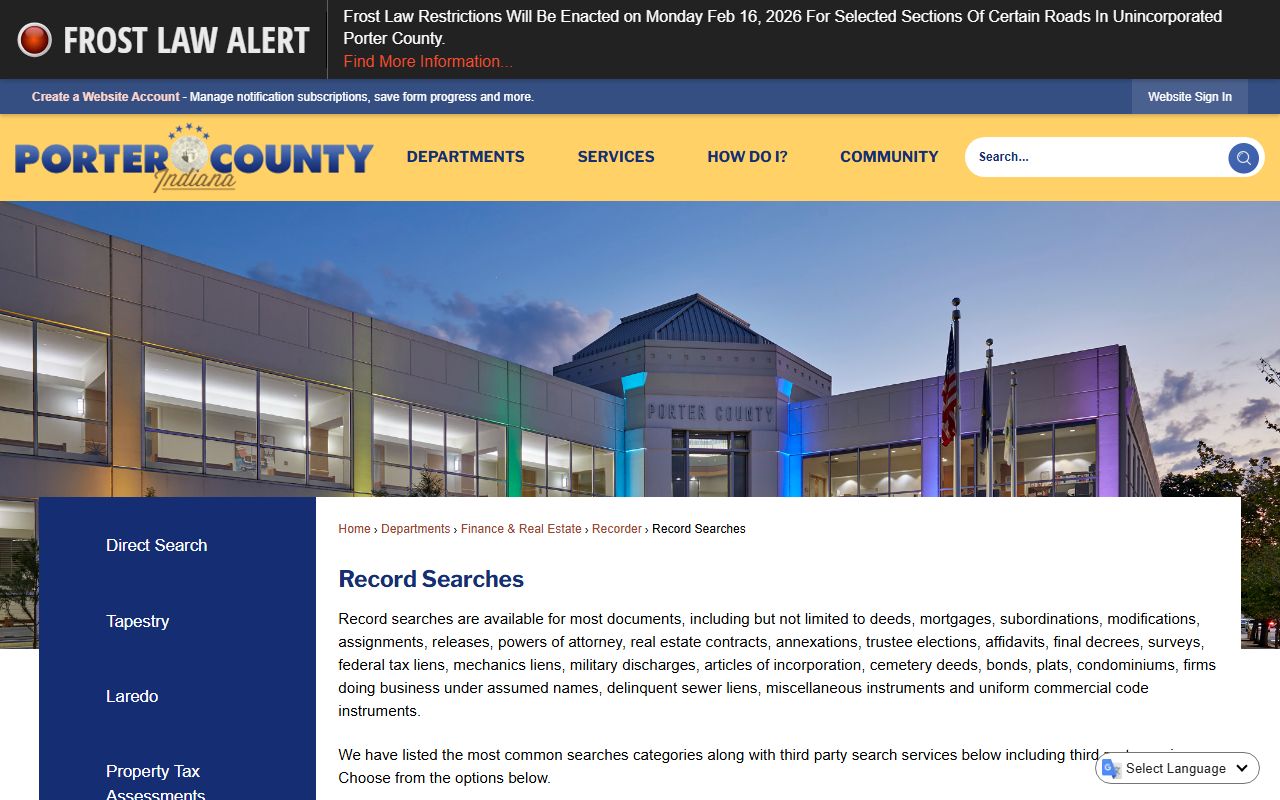 Porter County record searches page for Porter County property records