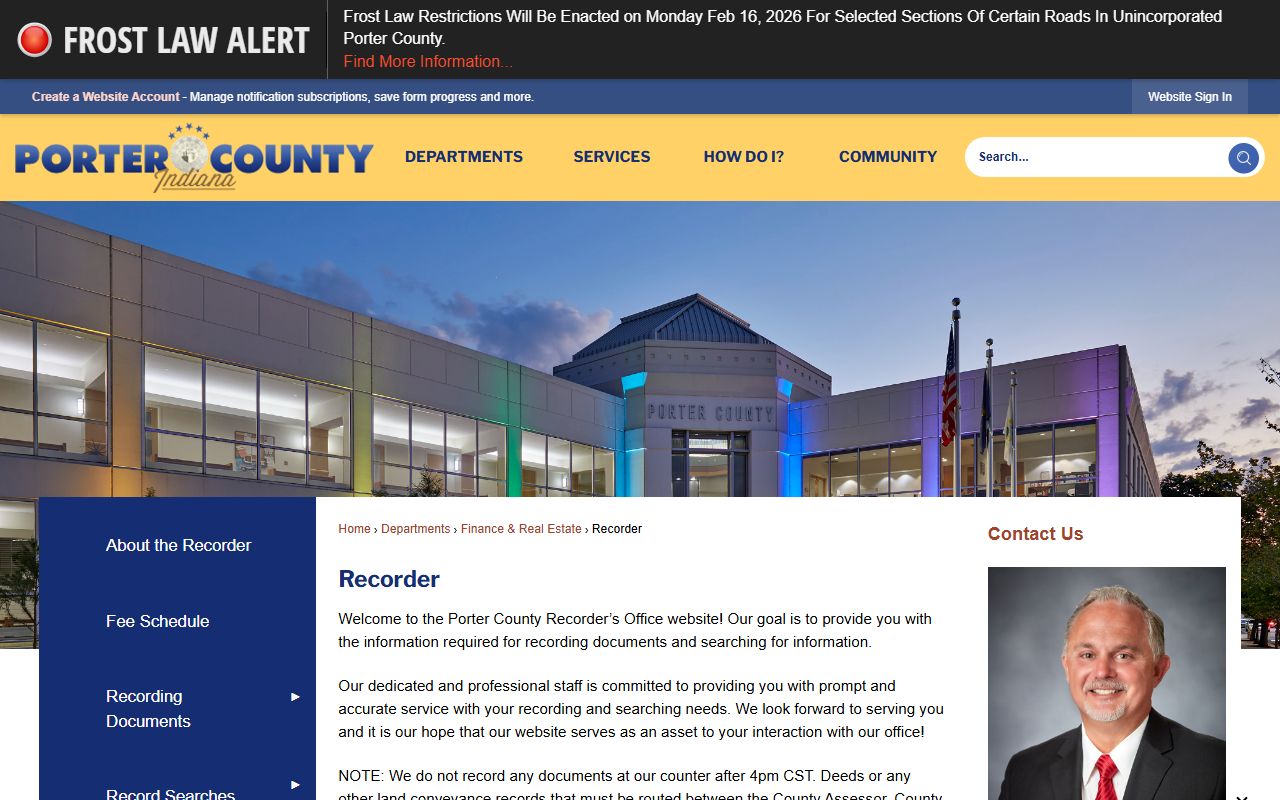 Porter County Recorder office page for Porter County property records
