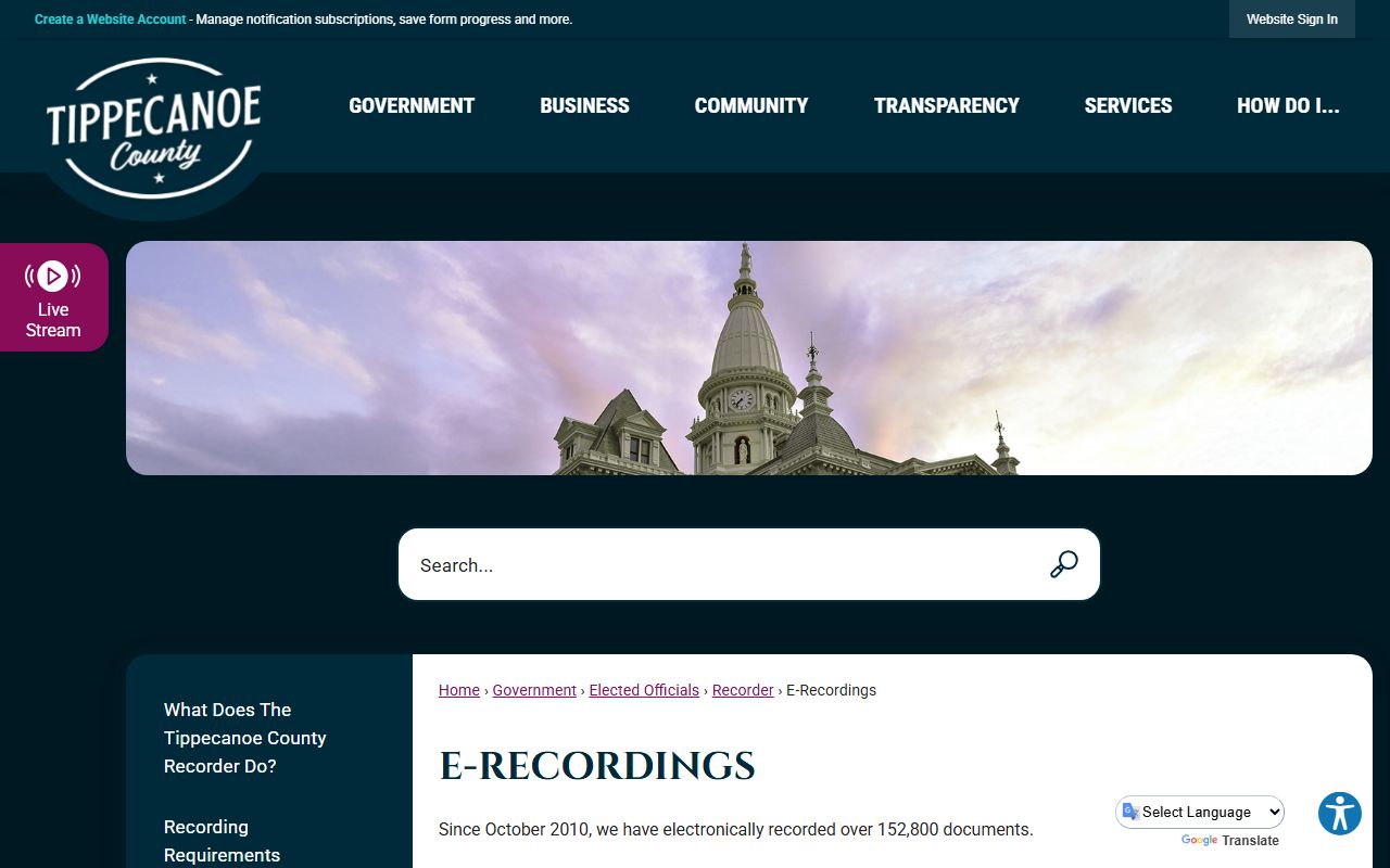 Tippecanoe County e-recordings page for Tippecanoe County property records