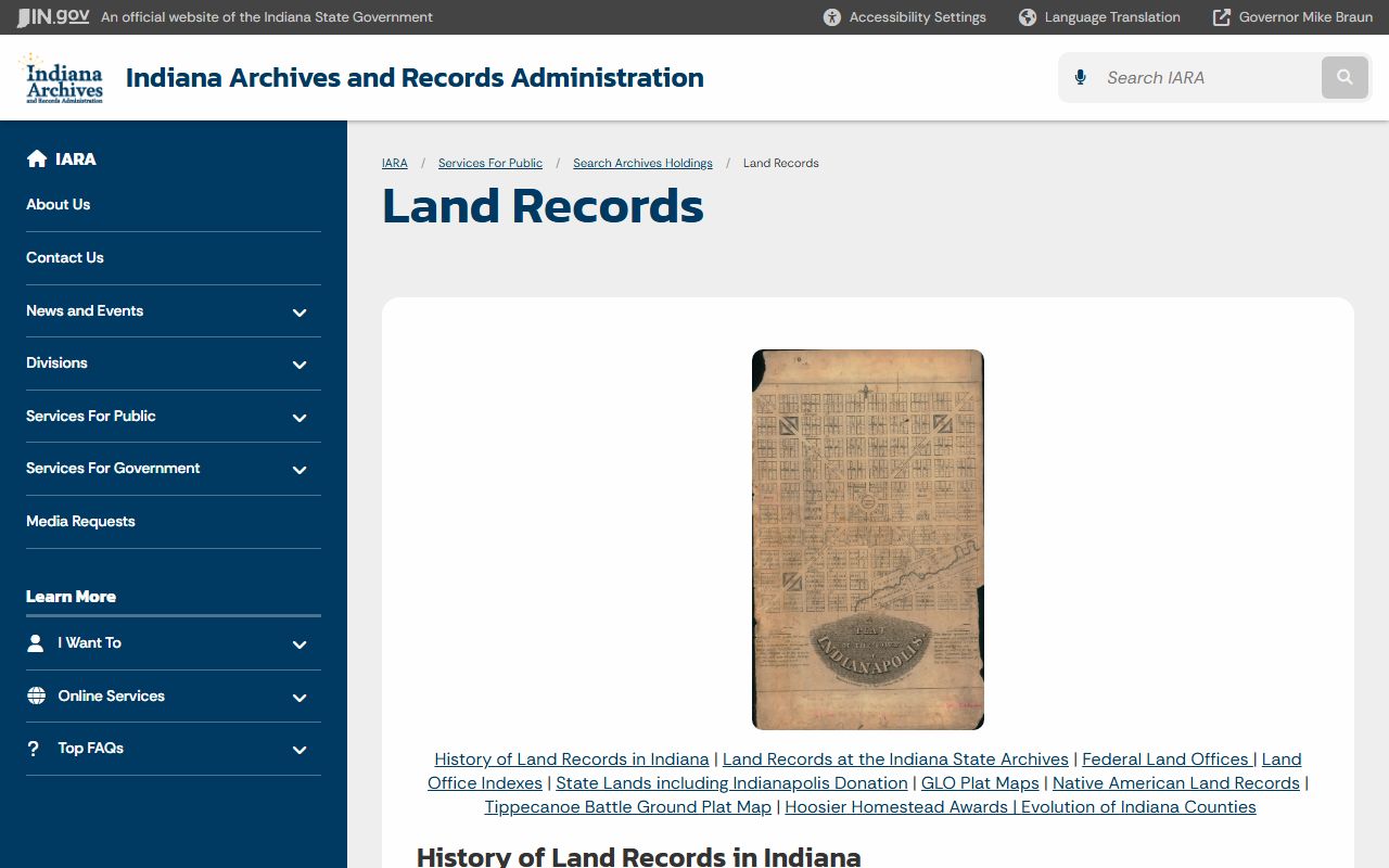 Indiana State Archives land records page for historical Indiana property records