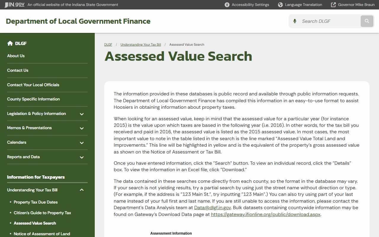 DLGF assessed value search tool for Indiana property records and tax data