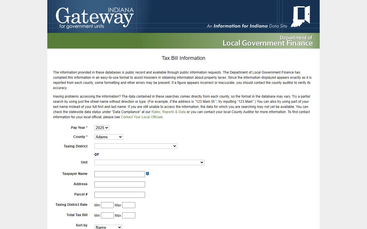 Indiana Gateway tax bill lookup tool for searching Indiana property tax records