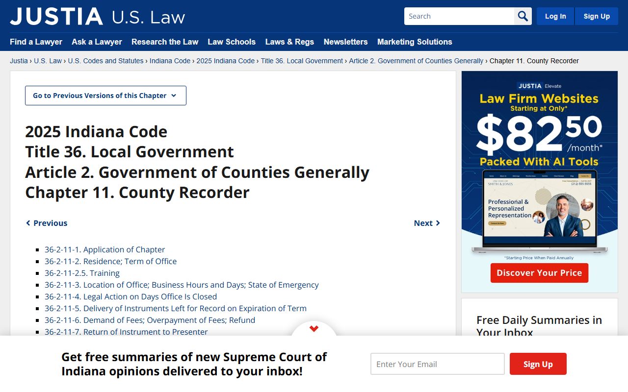 Indiana Code IC 36-2-11 county recorder statute page for Indiana property records