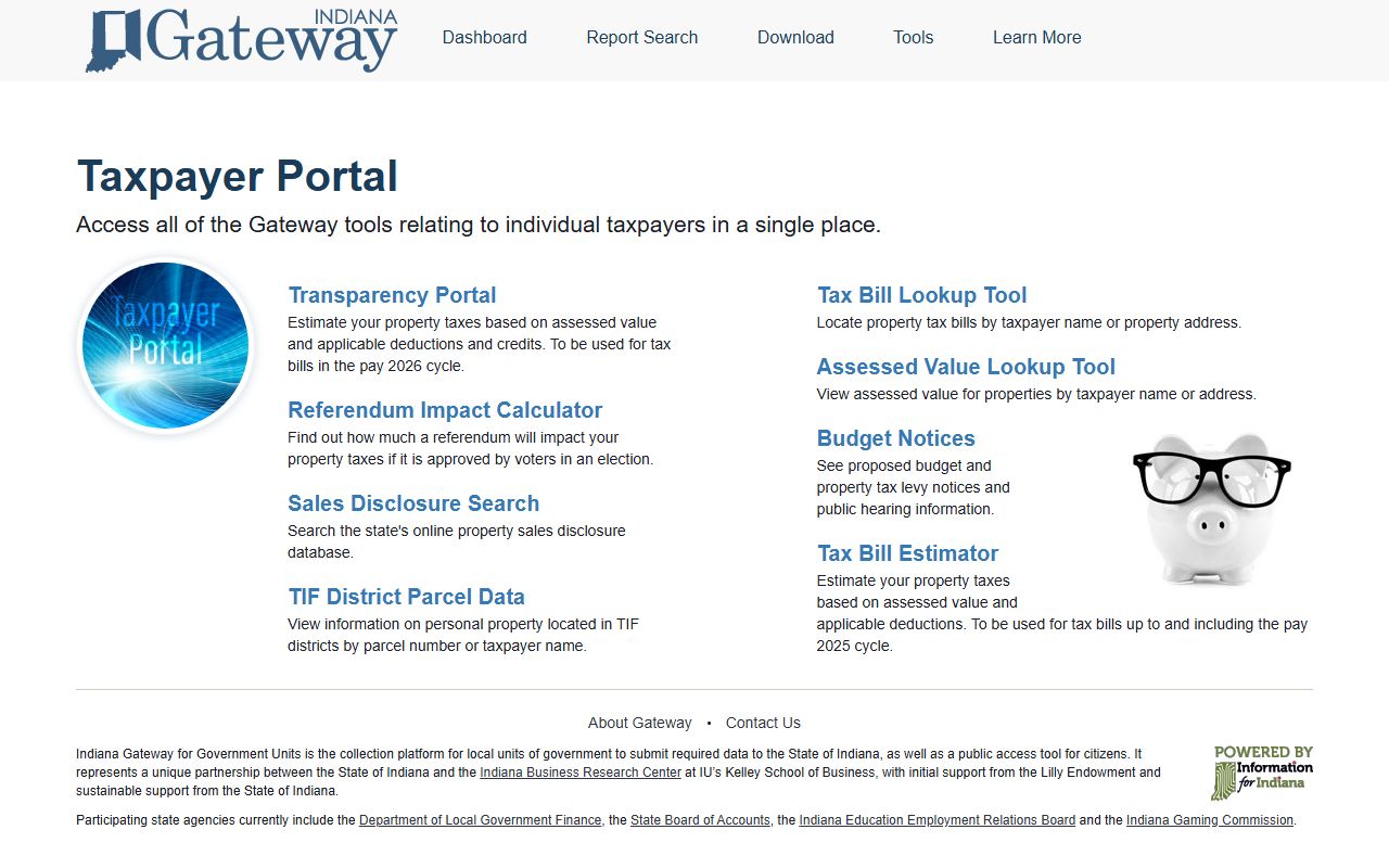 Indiana Taxpayer Portal on Gateway for property tax and assessment lookup